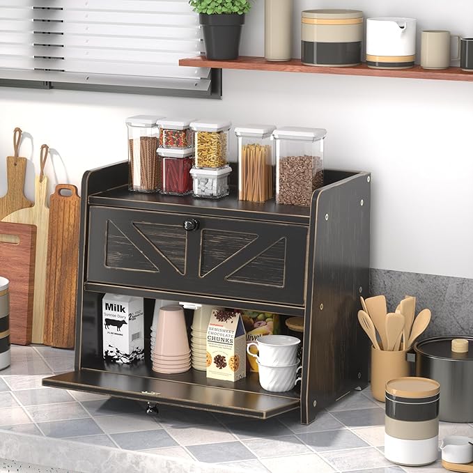Corner Bread Box for Kitchen Countertop, Vintage Wooden Counter Organizer, Bamboo Bread Storage Bin for Homemade Bread, Small Farmhouse Corner Breadbox Container with Acrylic Window, Vintage Black