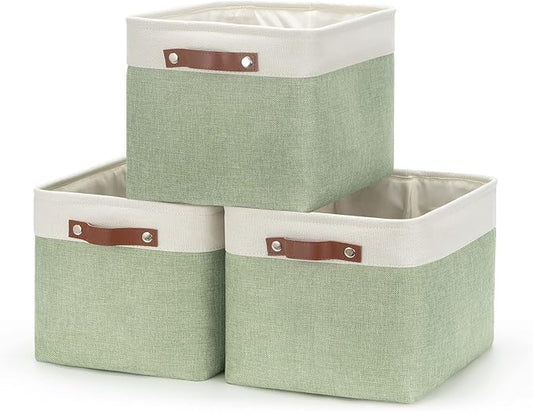 HNZIGE Storage Basket for Organizing Clothes(3 Pack) Decorative Storage Bins for Shelves Toys, Fabric Canvas Bins Storage Organizer with Handles(Gray&Green,15" X 11" X 9.5")