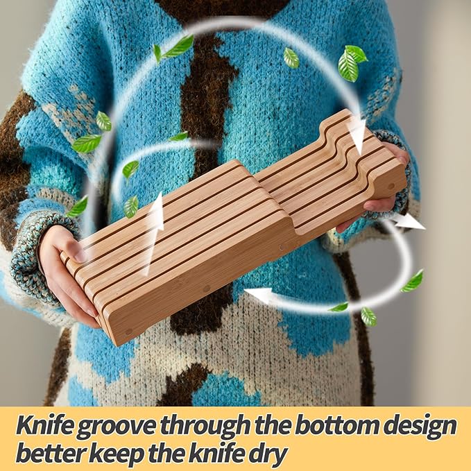 Bamboo Knife Block and In-Drawer Storage, Display Stand and Organizer, In-Drawer Knife Drawer Organizer(Knives Not Included)