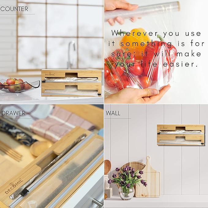 DECOMIL 2 in 1 Plastic Wrap Dispenser with Cutter, 13.5" Standard Design, Aluminum Foil Dispenser, Drawer and Wall Mount, Bamboo
