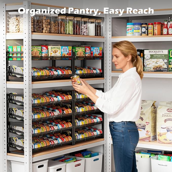 iSPECLE Extendable Can Organizer for Pantry, Adjustable Width Can Storage Organizer for 96 Cans, Heavy Duty Auto Rolling Dispenser Rack, Stackable Metal Shelf for Soup Spices Snacks, Black