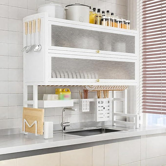 Over Sink Dish Drying Rack 2 Tier Stainless Steel Dish Drainer with Cover and Utensil Holders Large Capacity Space Saving Kitchen Organizer