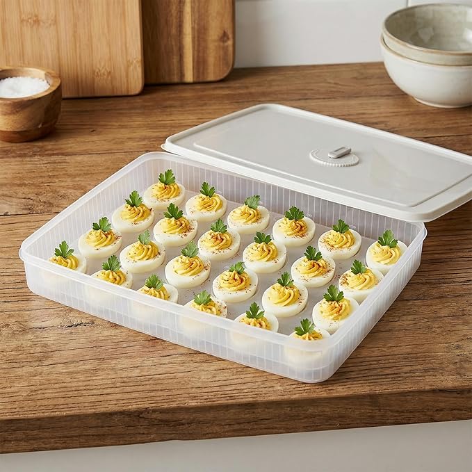 3Pack Deviled Egg Containers with Lid,Plastic Egg Container for Refrigerator with Handle,Deviled Egg Carrier for 72 Eggs,Kitchen,Festival Party, Stackable Egg Holder for Fridge (White)