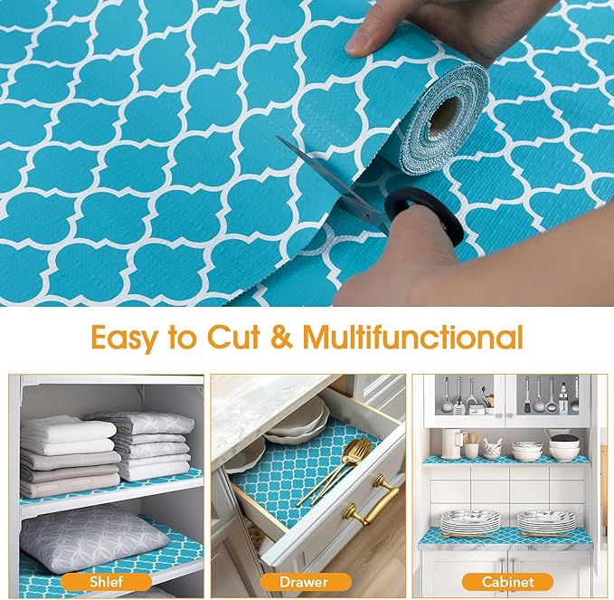 Shinlendid Shelf and Drawer Liner for Kitchen Cabinets Non-Adhesive, Strong Grip Non-Slip Thickened Cabinet Liners for Shelves, Waterproof Mats for Dresser Cupboard, Green/White, 12 in x 10 Feet