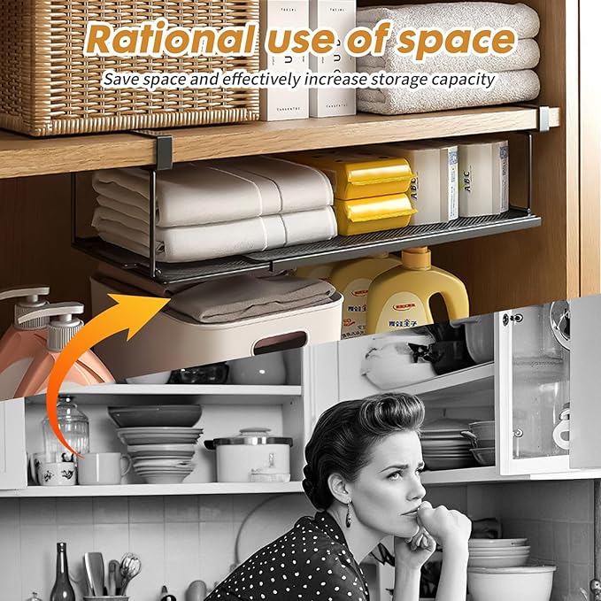 Expandable Hanging Under Shelf Storage Basket,Under Shelf Storage Basket Organizer,Under-Shelf Hanging Baskets for Cabinet,Pantry, Desk Organization,8.27" D x 15.16"-27.76W x 7.68" H,Black