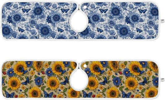 2 PCS Kitchen Sink Splash Guard 23.6 Inch Faucet Mat for Kitchen Sink Bathroom Sink Faucet Absorbing Drip Drain Mat Pad Microfiber Soft Washable Vintage Beige and Blue Sunflowers Butterflies