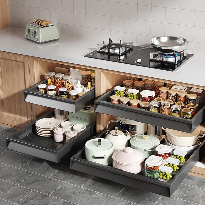4 Pack Pull Out Cabinet Organizer Expandable Width (12"-20.8") & Depth (16.2"-23.6"), 3 Slide Rails Slide Out Drawers with Handle, Includes Raising Pad for Framed Cabinets, Black