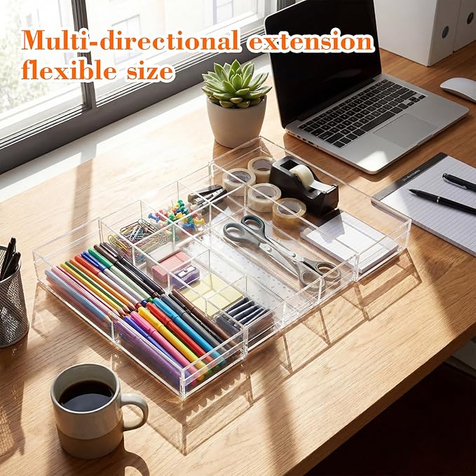 1 PC Acrylic Desk Drawer Organizer 2 Inch Height Expandable Drawer Organizer Trays with 8 Adjustable Compartments Desk Accessories for Makeup Silverware Office Bathroom(Clear,Elegant)