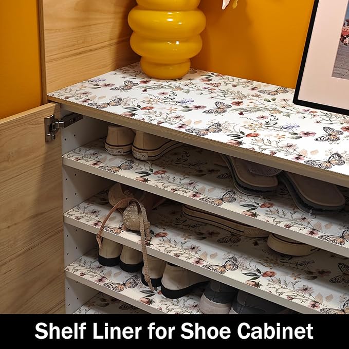 Amiitay Floral Shelf Liners Non Adhesive 16IN x 20FT and Strong Non-Slip Shelf and Drawer Liners for Kitchen Cabinet Wire Fridge, Waterproof Shelf Drawer Liner,Easy to Clean,Butterfly