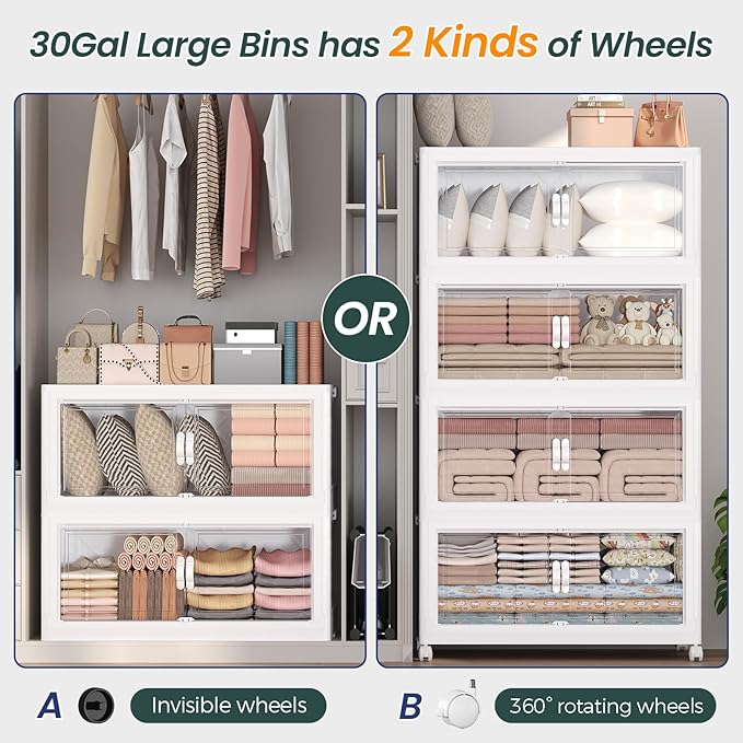 Atrasee 720QT Extra Large Stackable Storage Bins with Lid, 180Gal Collapsible Closet Organizer Box with Wheels, Folding Plastic Storage Cabinet with Doors for Home Bedroom Office Dorm, 6Pack White