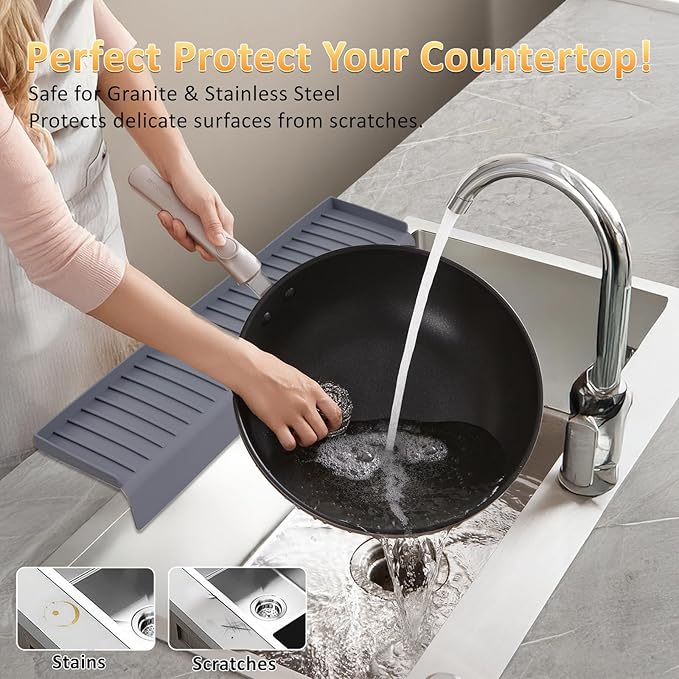 AyNirser Sink Edge Protector with Suction Cup 4"x14", Silicone Sink Splash Guard for Kitchen & Bathroom, Protect Countertop from Scratches, Stains, for Stainless Steel Granite Quartz-Grey