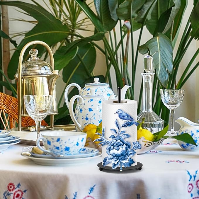 JarThenaAMCS Chinoiserie FreeStanding Paper Towel Holder Vintage Blue Floral Bird Kitchen Decor Accessories Large Metal Towel Holder Stand for Farmhouse Home Party Bathroom Countertop