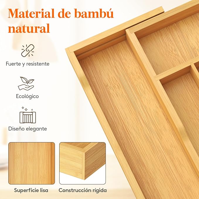Lifewit Silverware Drawer Organizer, Expandable Utensil Tray for Kitchen, Bamboo Flatware and Cutlery Holder, Wood Adjustable Storage for Spoons Forks Knives, 13-22x15"/ 33 -56x38cm, Natural