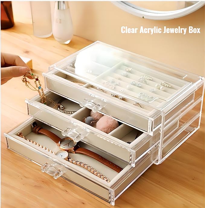 Clear Acrylic Jewelry Box With Drawers, Transparent Acrylic Jewelry Storage Can Be Stacked,Velvet Tray Can Be Adjusted For Storing Earrings Rings Bracelets Necklaces Gift for Women Girls.