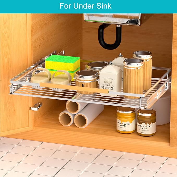 iPEGTOP Pull Out Cabinet Drawer Shelf Organizer, Extendable Sliding Slide Out Pantry Shelves Storage Heavy Duty for Kitchen Cabinets Under Sink, Adjustable Width 17.1~28" W x 22.5" D