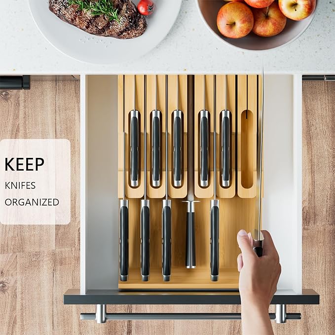 Domax Bamboo In-drawer Knife Block - Kitchen Knife Drawer Organizer Insert, Steak Knife Holder Without Knives, Drawer Knife Organizer Fits for 12 knives and 1 Sharpening Steel (Not Included)
