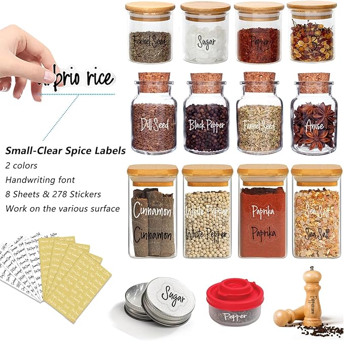 278 Pcs Clear Spice Labels Stickers Preprinted Waterproof,Small-Stickable -Removable,139 Black+139 White Handwriting Letters, Work on Salt Pepper Seasoning Jars
