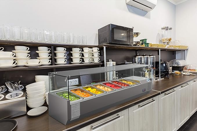 KoolMore Refrigerated Countertop Condiment Prep Station with Glass Sneeze Guard - Includes Seven 1/4 Pans, Silver, 59 Inch (SCDC-7T)