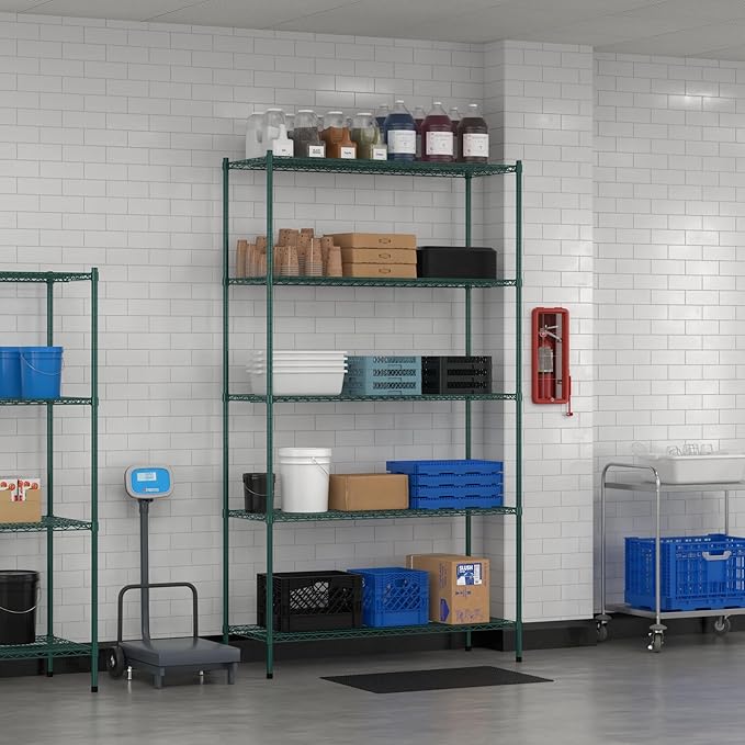 Commercial NSF Listed Green Epoxy Stationary Wire Shelving Kit 21" x 54" x 96", with 5 Shelves Perfect for Warehouse, Walk-in Refrigerator, Freezer, Grocery Store, Restaurant, Dishroom
