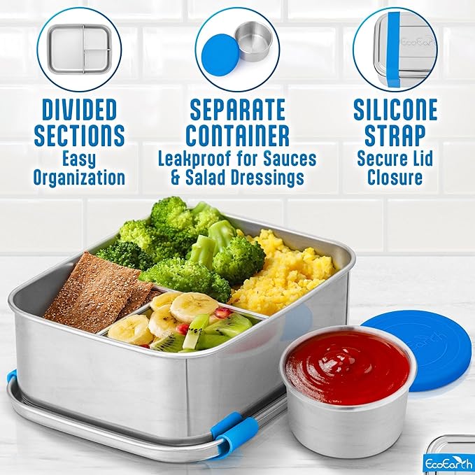 EcoEarth Stainless Steel Bento Box - 27 oz - Leakproof Metal Lunch Boxes for Adults with 3 Compartments - Small Tin Food Containers with Condiment Cups - Snack Box for Work - Blue