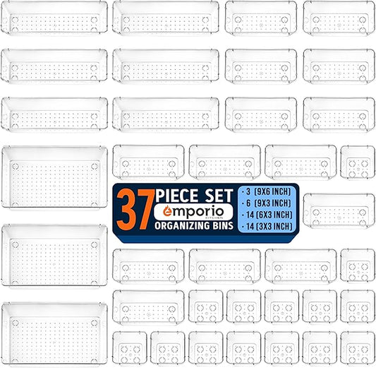 Drawer Organizer Set - 37 Stackable Storage Trays for Makeup, Kitchen, and Office - Includes 3 9x6, 6 9x3, 14 6x3, 14 3x3 Bins