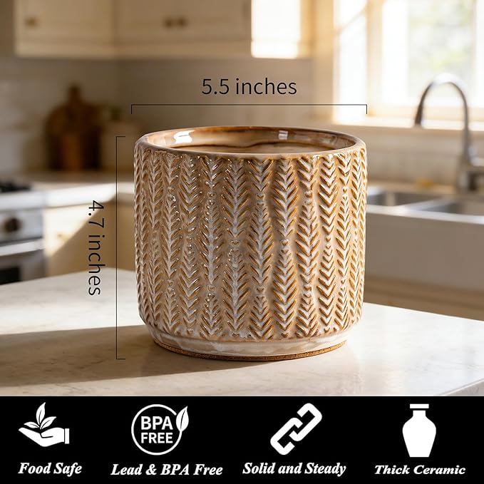 5.3-Inch Ceramic Utensil Crock Utensil Holder Countertop, Embossed Ceramic Storage Canister - with Non-Slip Cork Base, Rustic Farmhouse Multi-Purpose Desktop Organizer, Kitchen Decor(Wheat Brown)