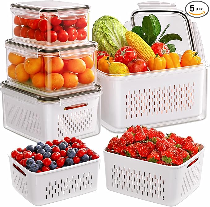 5-Pack Fruit Storage Containers for Fridge with Removable Colanders, 4 in 1 Produce Storage Containers with Lids, Leakproof Fridge Organizer Bins for Salad Berry Lettuce Vegetables Meat Keeper Fresh