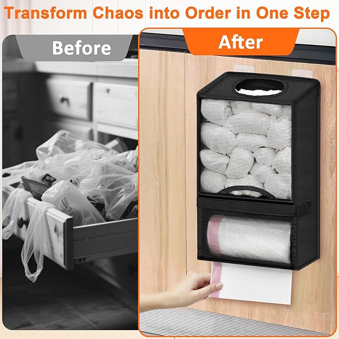 Plastic Bag Holders for Grocery Bags - Large Wall Mount Grocery Bag Holder with Dispenser for Kitchen, Oxford Cloth 2-in-1 Space-saving Plastic Bags Organizer, Black