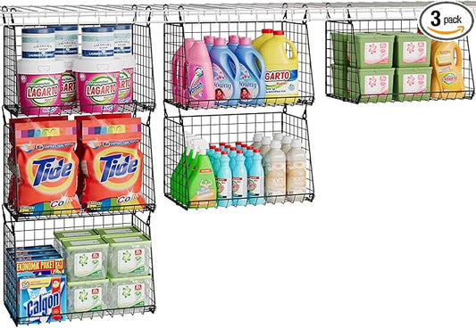 3-Pack Hanging Laundry Baskets, Foldable Metal Wire Shelves with 360° Rotating Hooks, Space-Saving Over Washer/Dryer or Closet Storage for Laundry Room & Closet Organization, Black