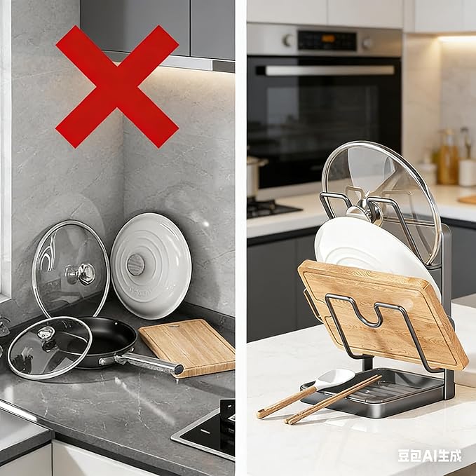 2026 Upgrade Kitchen Pot Lid Storage Rack, Pot Lid Organizer Rack for Counter, Lid and Spoon Rest Holder While Cooking, Multifunctional Kitchen Organizer Stand for Stove Top (Set C)