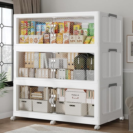 180Gal/720QT 3-Tiers Extra Large Stackable Storage Bins with Lid, Collapsible Cabinet Closet Organizer Plastic Container Box with Wheels Doors Drawers for Office Dorm Kitchen Office, White