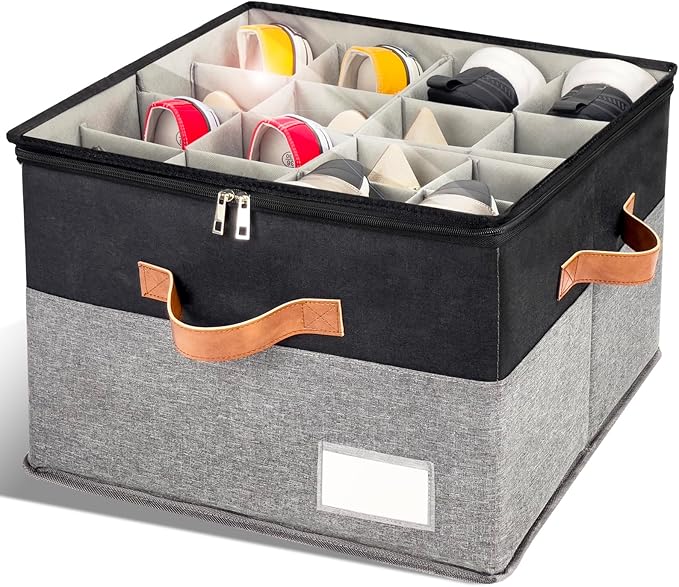 RONCHIL Shoe Organizer for Closet, Foldable Shoe Storage Bins with Clear Cover, Space Saving Shoes Holder with 4 Handles, Large Adjustable Shoe Box Storage Containers, Fits 8-16 Pairs, 1 Pack, Black