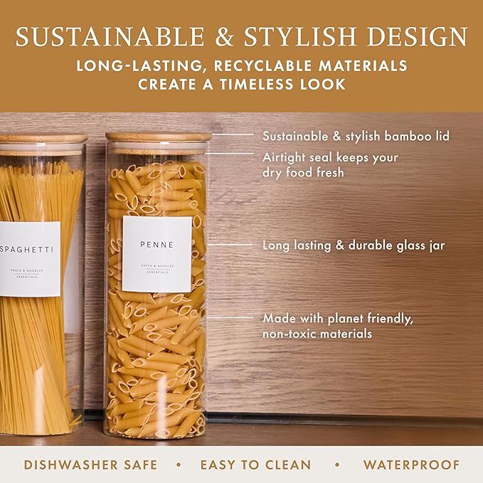 Set of 3 Glass Pantry Storage Containers with Lids- 12 Pantry Labels– (70oz) Glass Canisters with bamboo lids-Perfect Rice, Cereal, Flour, Pasta, Oats, food storage -Airtight-kitchen canisters