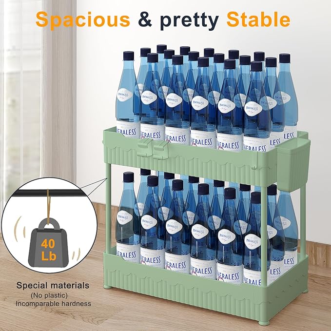 Sevenblue 2 Pack Under Sink Organizer, Under Bathroom Cabinet Organizer with Hooks Hanging Cup, Multi-Purpose Storage Shelf for Kitchen Bathroom (Green, L)