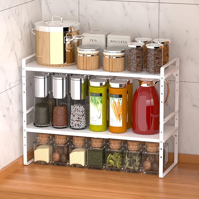 Redrubbit Expandable Cabinet Storage Shelf, Adjustable Height Steel Metal Kitchen Counter Organizers Shelves Spice Rack for Kitchen Pantry Bathroom Cupboard Desk Home Office, White-1 Pack