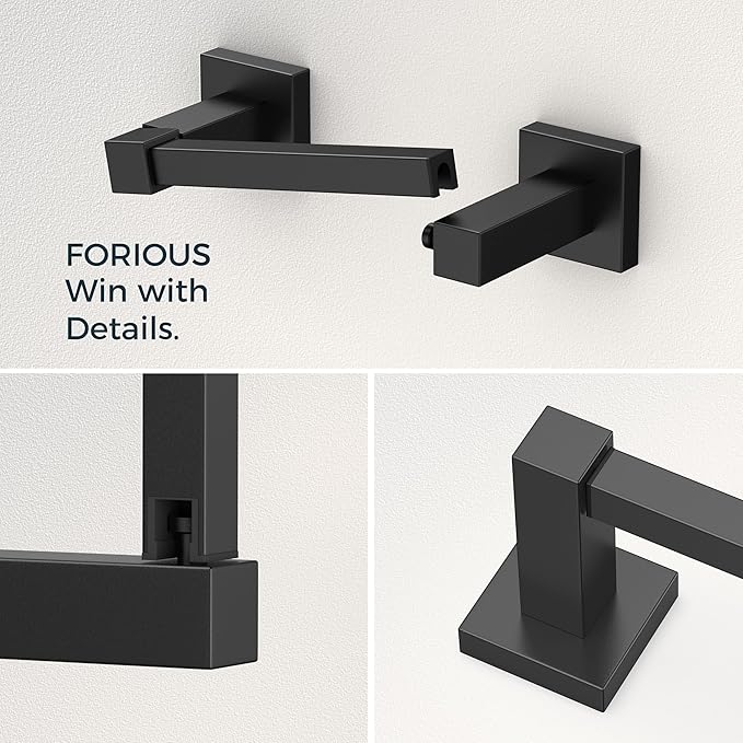 FORIOUS Toilet Paper Holder Wall Mount and Hand Towel Ring Set, SUS 304 Stainless Steel Double Post Pivoting Tissue Roll Holder, Modern Bathroom Hardware Accessories Set, Matte Black