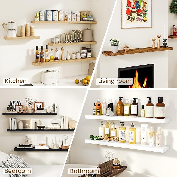 Dreamland 72Inch Floating Shelves for Wall, Rustic Wooden Black Floating Shelves for Living Room, Kitchen, Farmhouse, Deep Wall Mounted Book Shelf, Wood Storage Display Shelf for Home Decor, Set of 2