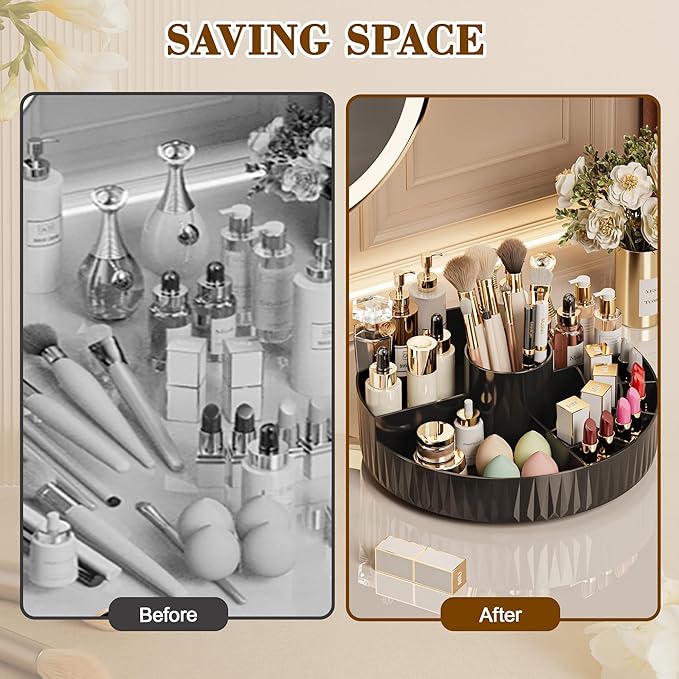 360° Rotate Makeup Organizer, Countertop Skincare Organizer, Large Capacity Multi-Compartment Makeup Brush Lipstick Skincare Organizer, Cosmetic Storage for Dresser Vanity & Bathroom (White)