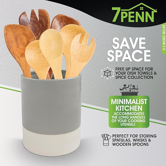 7Penn Kitchen Utensil Holder for Countertop - Jumbo Gray and White Primitive Cooking Utensils Crock for Counter Decor - Glossy and Matte Ceramic Kitchen Tools Organizer Jar for Spatulas