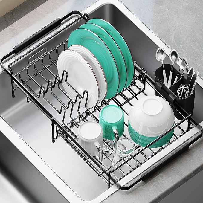Dish Drying Rack in Sink - Expandable (14.5''-18''L) Over The Sink Dish Rack with Utensil Holder, Space-Saving Dish Drainer for Kitchen Counter, 1 Piece, Matte Black