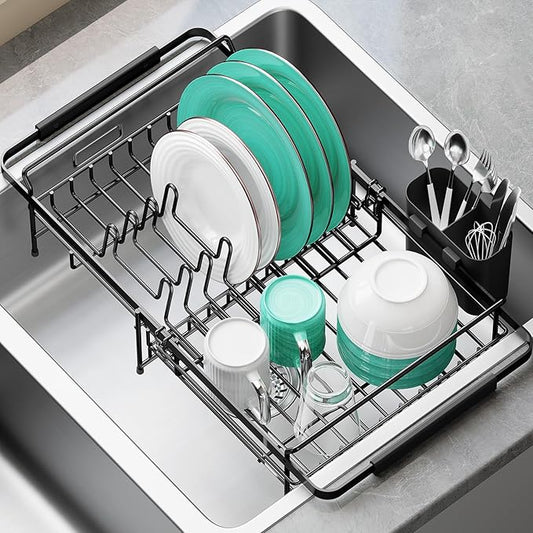 Dish Drying Rack in Sink - Expandable (14.5''-18''L) Over The Sink Dish Rack with Utensil Holder, Space-Saving Dish Drainer for Kitchen Counter, 1 Piece, Matte Black