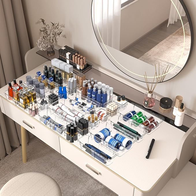 25-Piece Clear Drawer Organizer Set - Adjustable Acrylic Storage Bins with 3 Sizes for Makeup, Kitchen Utensils, Bedroom Dressers - Desk & Tool Organizer for Home, Office, Craft Rooms