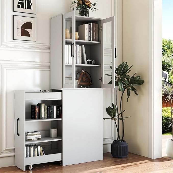 White Tall Storage Cabinet with Glass Doors and Pull-Out Rolling Cart, 71” Narrow Pantry Cabinet with Adjustable Shelves, Modern Display Bookcase for Kitchen, Bathroom, Office, Living Room