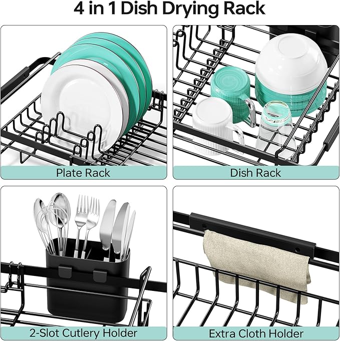 Dish Drying Rack in Sink - Expandable (14.5''-18''L) Over The Sink Dish Rack with Utensil Holder, Space-Saving Dish Drainer for Kitchen Counter, 1 Piece, Matte Black