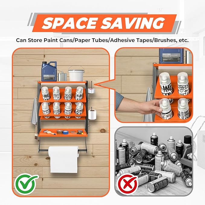2-Tier Spray Paint Can Holder Rack Wall-Mount, Heavy Duty Spray Bottle Lube Can Organizer, 8 Can Storage Rack with Paper Towel Rod, Ideal for Garage/Workshop/Home,Orange