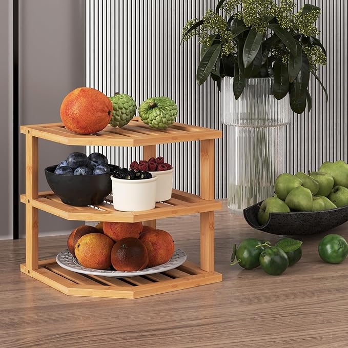 3 Tier Bamboo Corner Shelf(2 Pack),Plate Organizer,Dish Drying Rack,Kitchen Spice Rack for Countertop and Cabinet