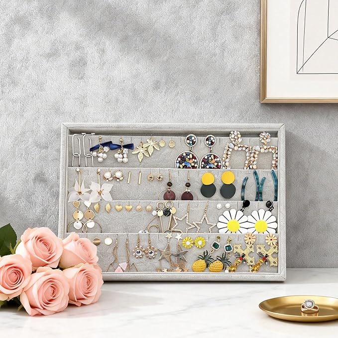 Stratalife Stud Earring Organizer Stackable Jewelry Tray Removable Display Tray Organizer for Jewelry Necklace Earring Drawer Insert Grey