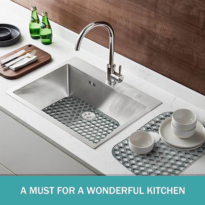 SAMSIER Sink Protectors for Kitchen Sink, Kitchen Sink Accessory - Silicone Mats Grid for Stainless Steel Strainer Bottom of Farmhouse Porcelain sinks (21”x16”, Rear Drain)