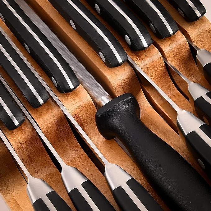 Homemaid Living In Drawer Knife Block Bamboo, Holds 14 Knives + Knife Sharpener Slot, Knife Organizer for Kitchen Drawer, Knife Drawer Organizer, Drawer Insert, Drawer Knife Holder (2" tall, 17" deep)