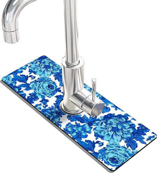 Kitchen Sink Splash Guard Faucet Mat Super Absorbent Fast Drying Mat Sink Gadgets Splash Guard Behind Faucet Drip Catcher for Kitchen (Blue Flowers, 15x5.5in)